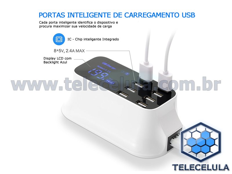 Sem Imagem - CARREGADOR USB 8 PORTAS PARA IPHONE E SMARTPHONE YC-CDA19