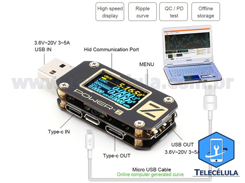 Sem Imagem - MULTIMEDIDOR POWER Z VOLTMETRO E AMPERMETRO, MEDIDOR DE CORRENTE GRFICO POR COMPUTADOR E PROGRAMA