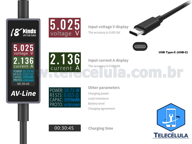 Sem Imagem - CABO DADOS SH B BN KINDS I8 MEDIDOR CORRENTE TENSO, DADOS BOOT E CARREGAMENTO ANDROID USB TIPO C
