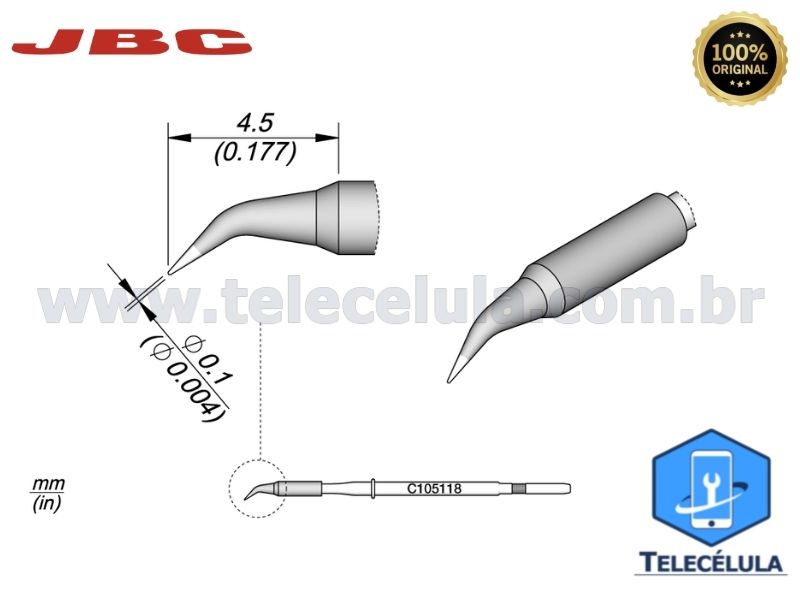Sem Imagem - PONTA CARTUCHO PARA FERRO DE SOLDA JBC ORIGINAL C105-118, C105118 FINA CURVADA