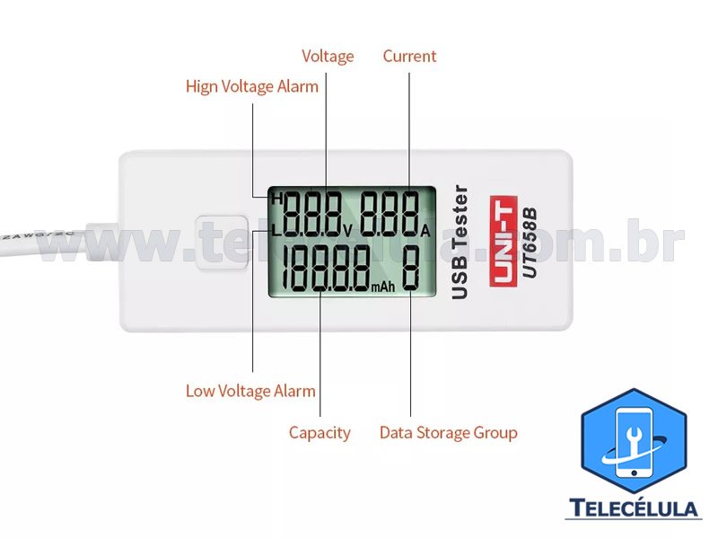 Sem Imagem - MULTIMEDIDOR USB COM VOLTMETRO E AMPERMETRO SIMULTNEO UT658B DIGITAL SUPORTA 3V ~ 9.0V X 3.5A