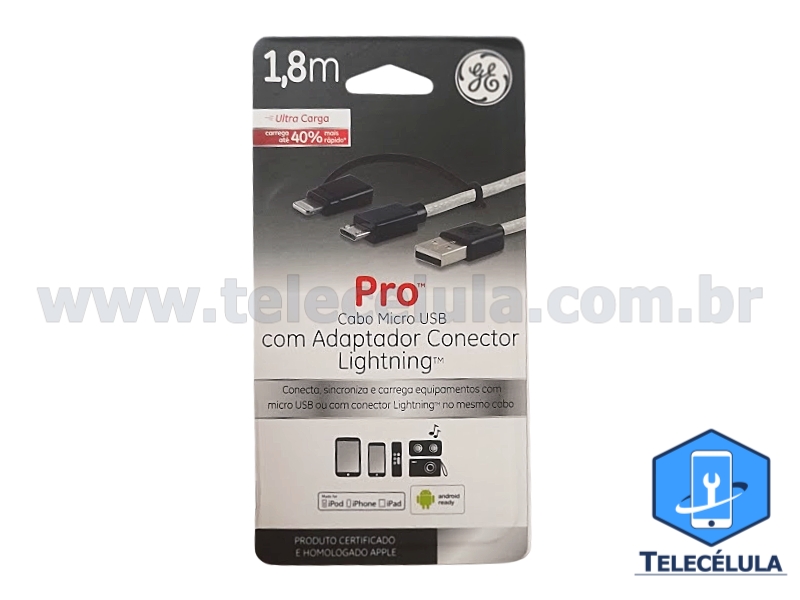 Sem Imagem - CABO 1.8 METROS MICRO USB + ADAPTADOR LIGHTNING CARGA E DADOS CERTIFICADO APPLE MARCA GE