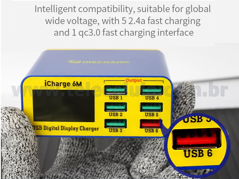 Sem Imagem - NOVO CARREGADOR ICHARGE 6M MECHANIC 50W FAST CHARGER QC 3.0 E PD 6 PORTAS E DISPLAY DIGITAL