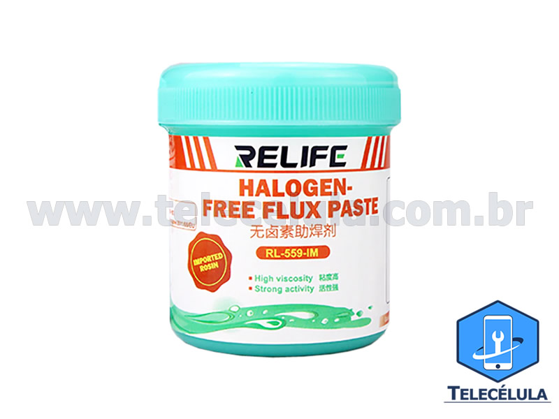 FLUXO DE SOLDA PASTOSO RELIFE HALOGEN RL-559, RL559 100 GRAMAS BGA REBALLING, REFLOW